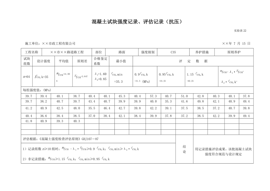 混凝土试块强度统计、评定记录(抗压)_第1页