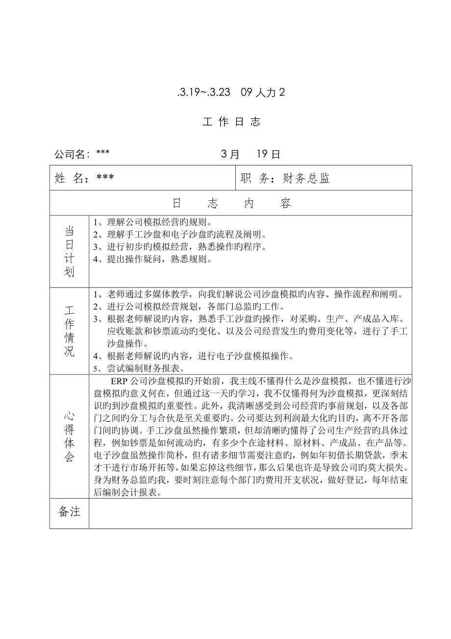 ERP企業(yè)沙盤模擬 工作日志_第1頁