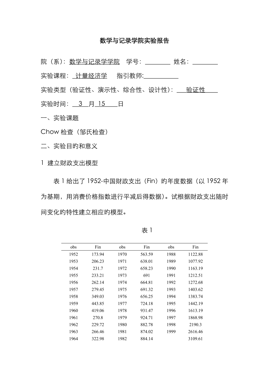 计量经济学 Chow(邹氏)检验 检验模型是否存在结构性变化 Eviews6_第1页