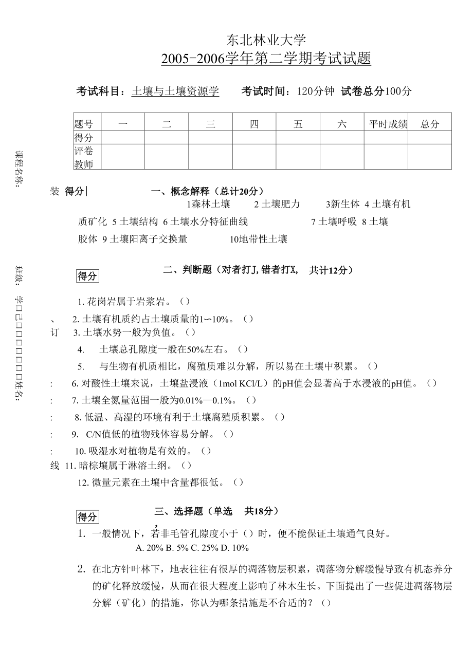 東北林業(yè)大學 土壤與土壤資源學06試題06試卷_第1頁