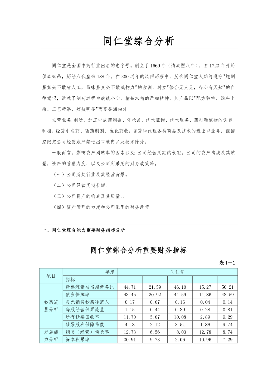 财务报表分析4同仁堂综合分析_第1页