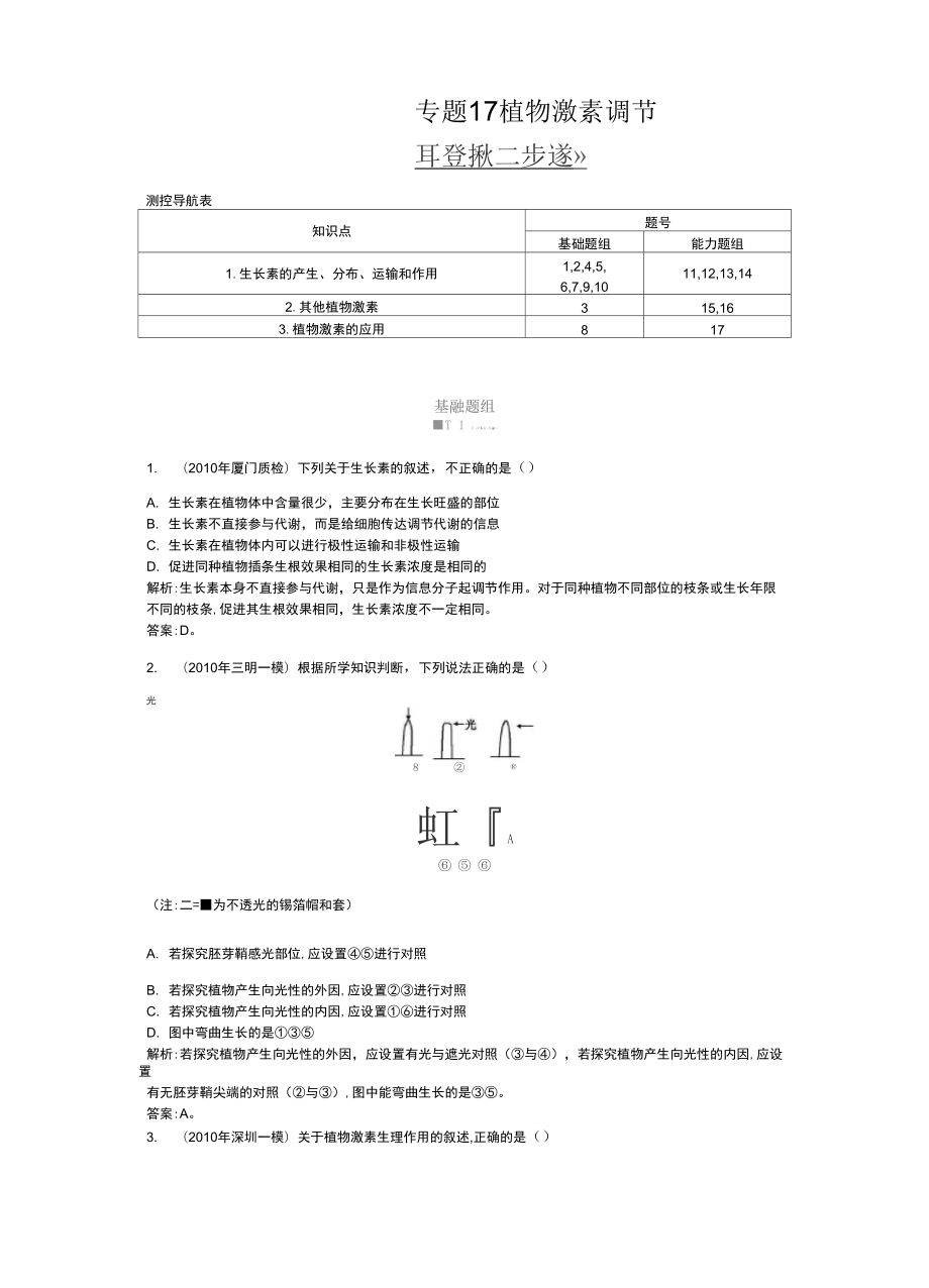 專(zhuān)題17 植物激素調(diào)節(jié)_第1頁(yè)