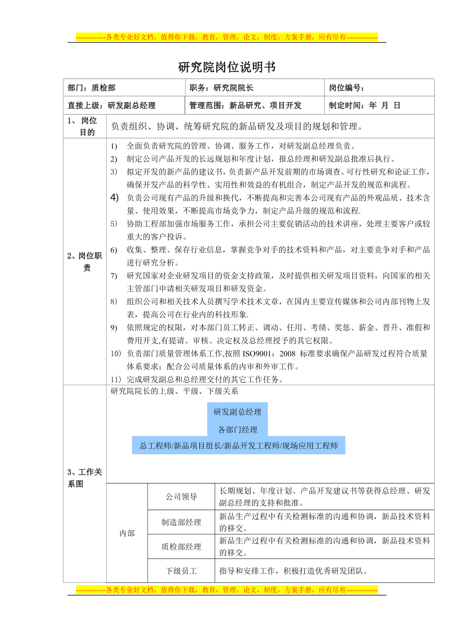 研究院院长总工程师新品项目组长新品开发工程师现场应用工程师岗位说明书_第1页