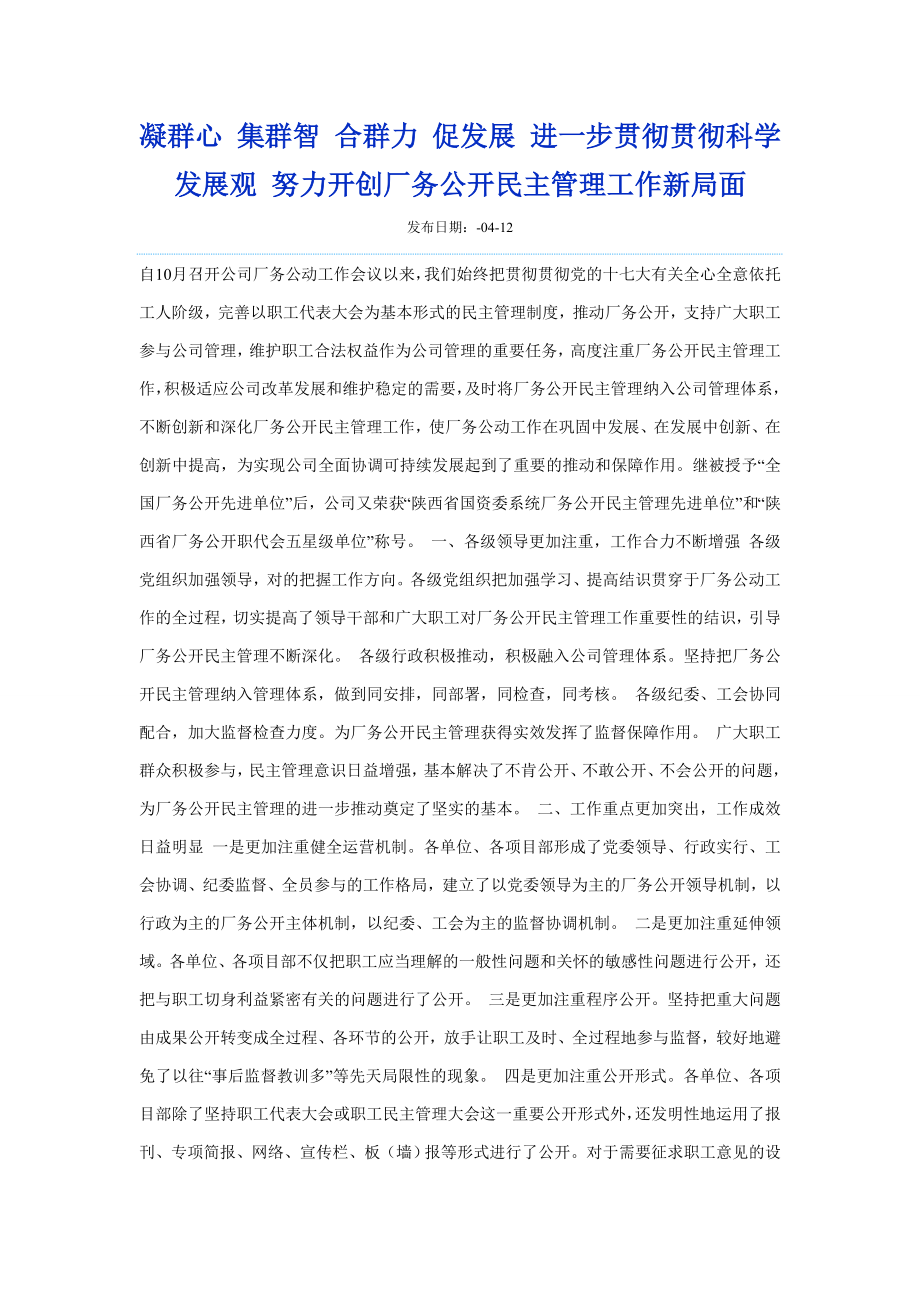 凝群心 集群智 合群力 促發(fā)展 深入貫徹落實(shí)科學(xué)發(fā)展觀 努力開創(chuàng)廠務(wù)公開民主管理工作新局面_第1頁(yè)