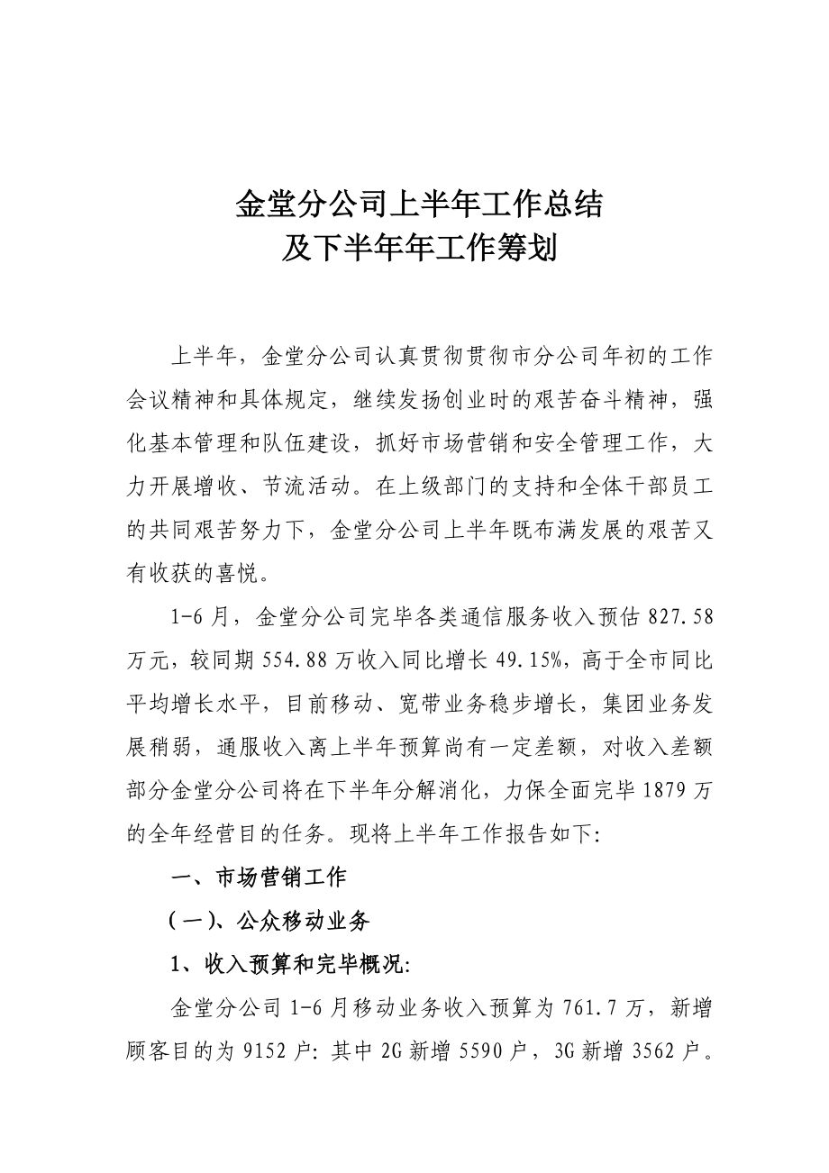 中国联通金堂分公司上半年工作总结及下半年工作计 划.7.5_第1页