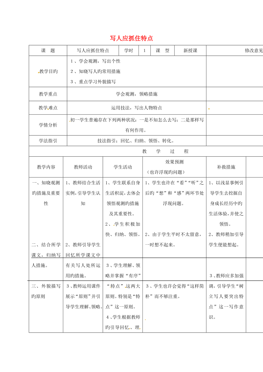 四川省華鎣市明月鎮(zhèn)小學七年級語文下冊寫作《寫人應抓住特點》教案（新版）新人教版_第1頁