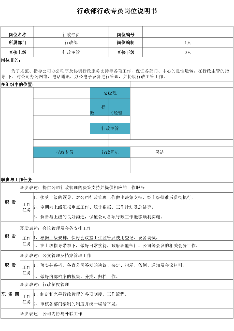 行政专员岗位说明书_第1页