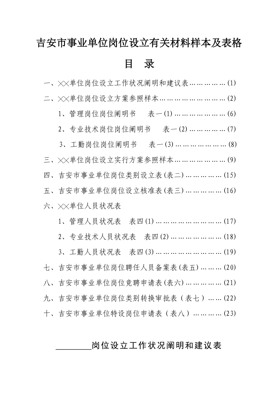 吉安市事业单位岗位设置有关材料样本及表格_第1页