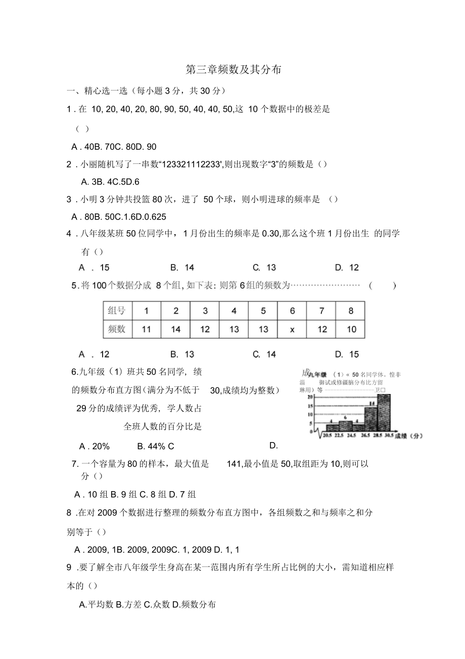 數(shù)學(xué)八年級下第三章頻數(shù)及其分布同步練習(xí)(答案)_第1頁