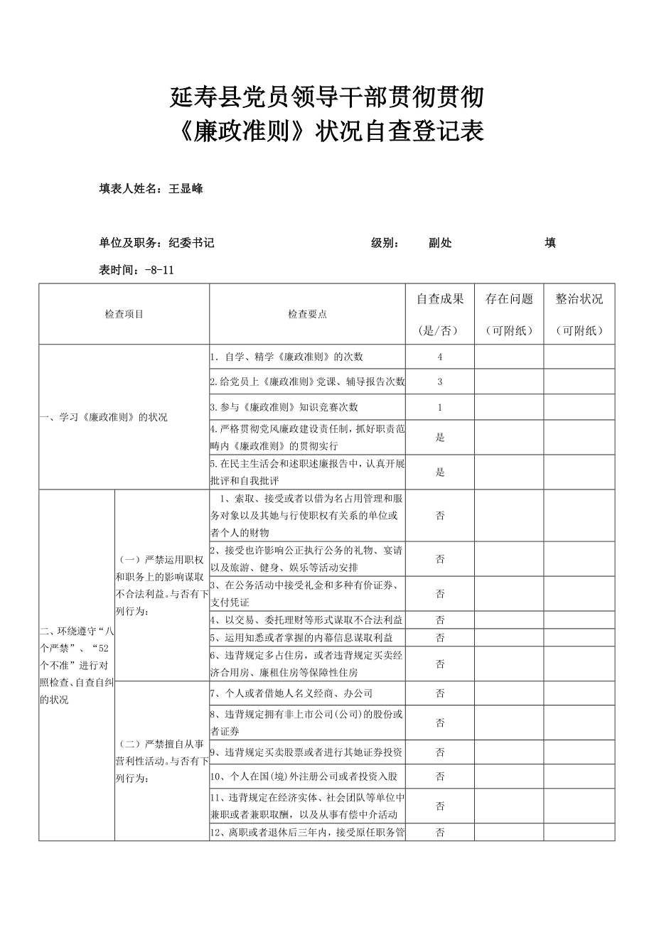 廉政准则自查表(个人填写)_第1页