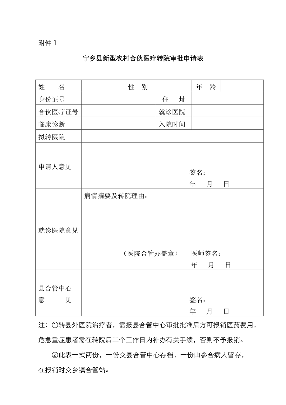 宁乡县新型农村合作医疗转院审批申请表_第1页