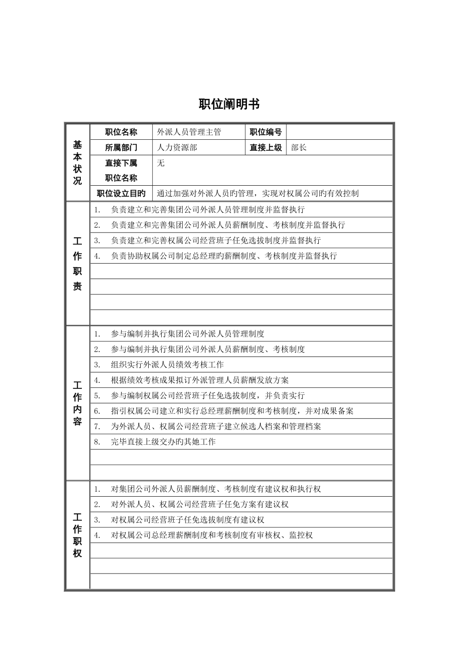 人力资源部外派人员管理主管岗位专项说明书_第1页