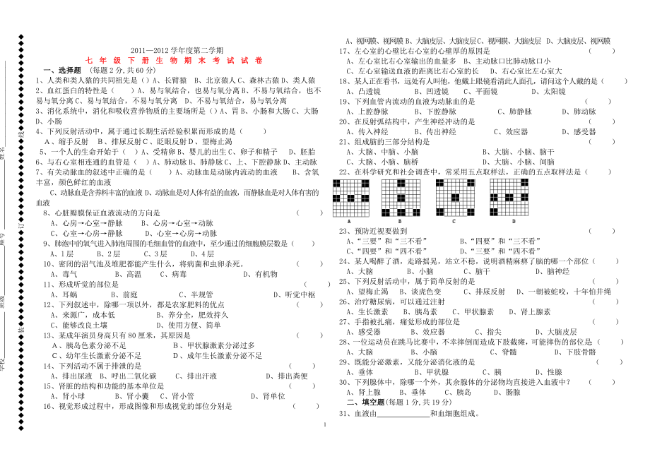 2012七年级下册生物期末试卷和答案_第1页