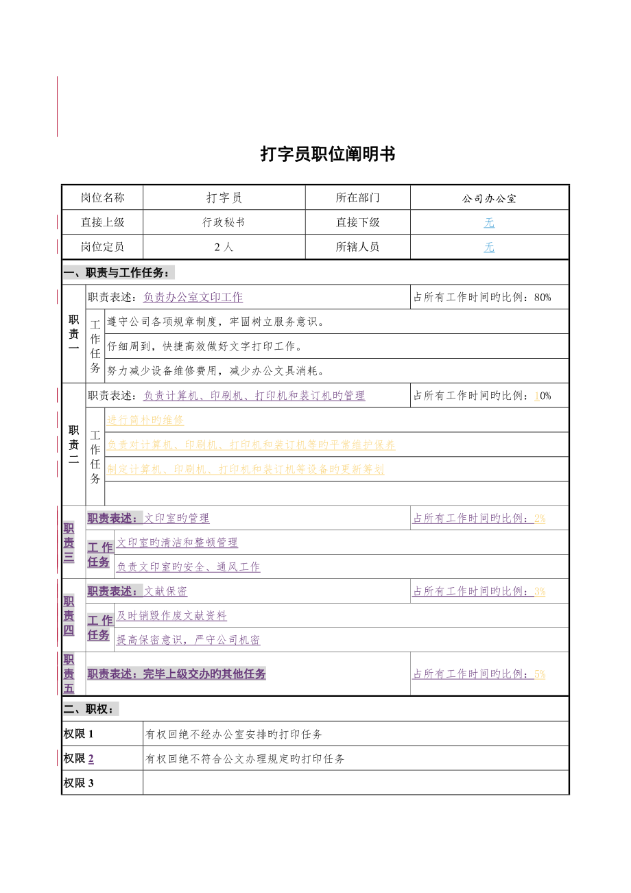 公司办公室打字员岗位专项说明书_第1页