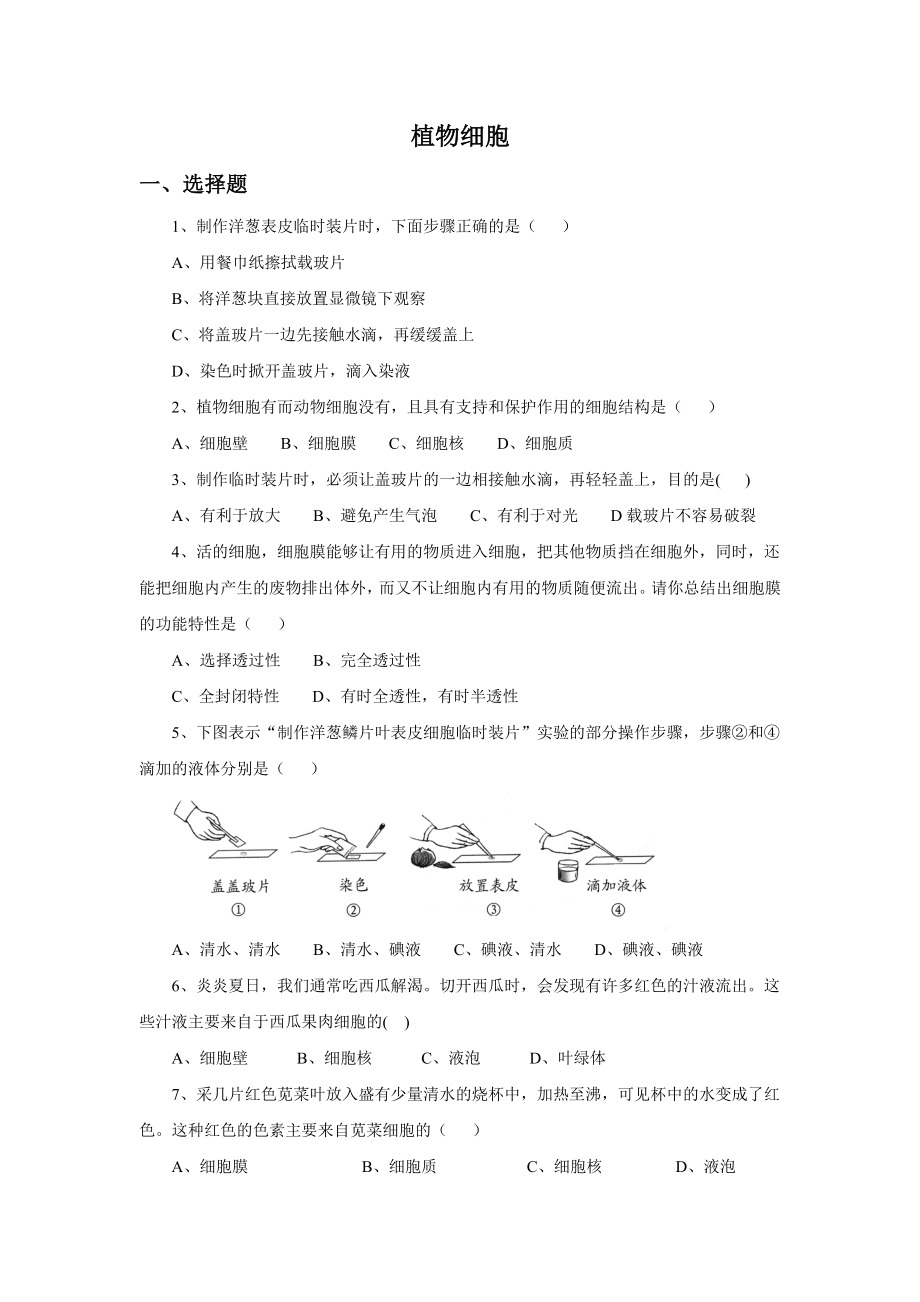 人教版生物七年級上冊 2.1.2《植物細(xì)胞》同步練習(xí)（word版含答案）_第1頁