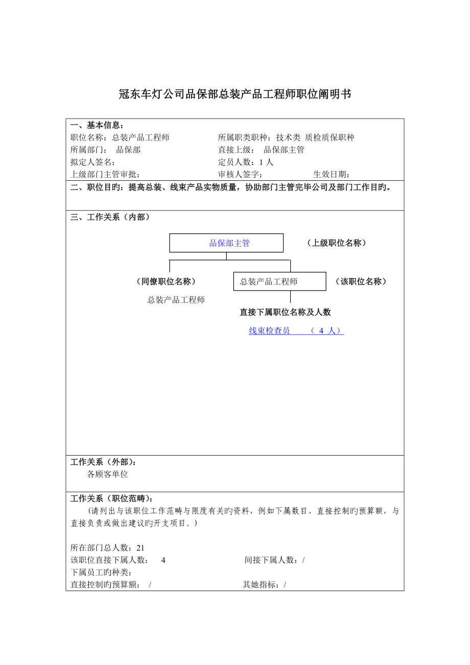 冠东车灯公司品保部总装产品关键工程师职位专项说明书_第1页