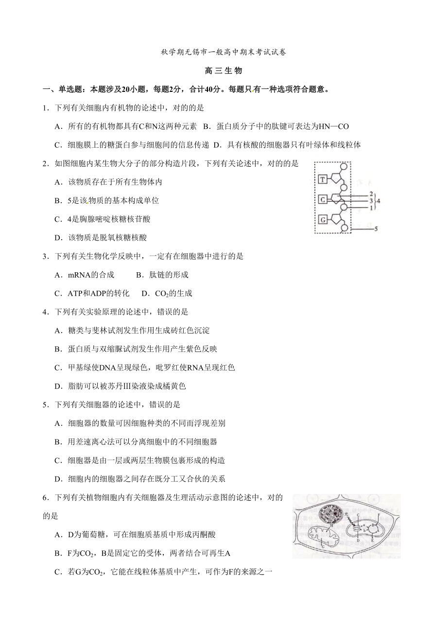 江蘇省無錫市高三上學(xué)期期末考試生物試題(版)_第1頁