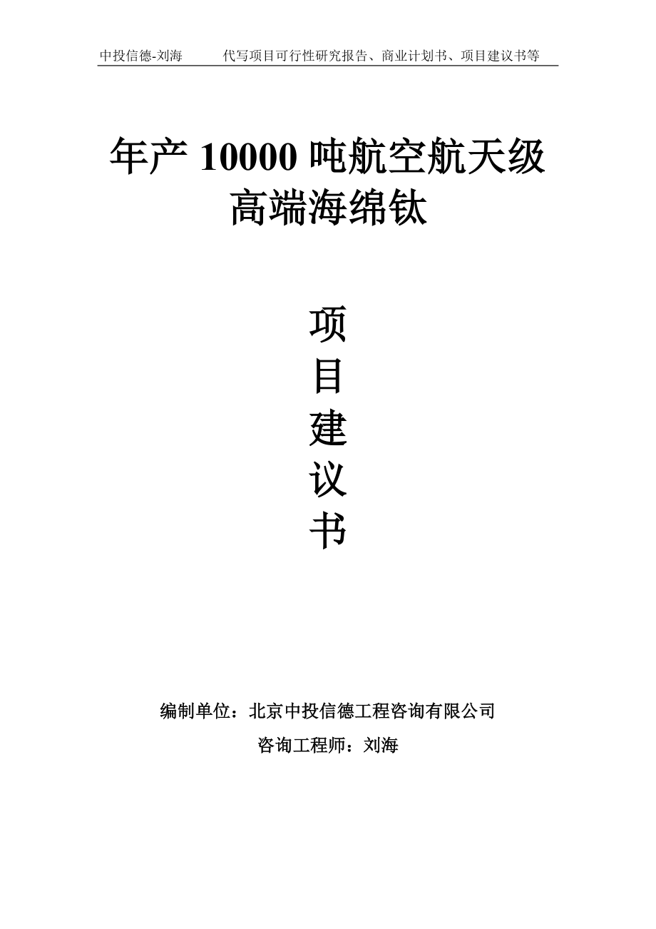 年产10000吨航空航天级高端海绵钛项目建议书-写作模板_第1页