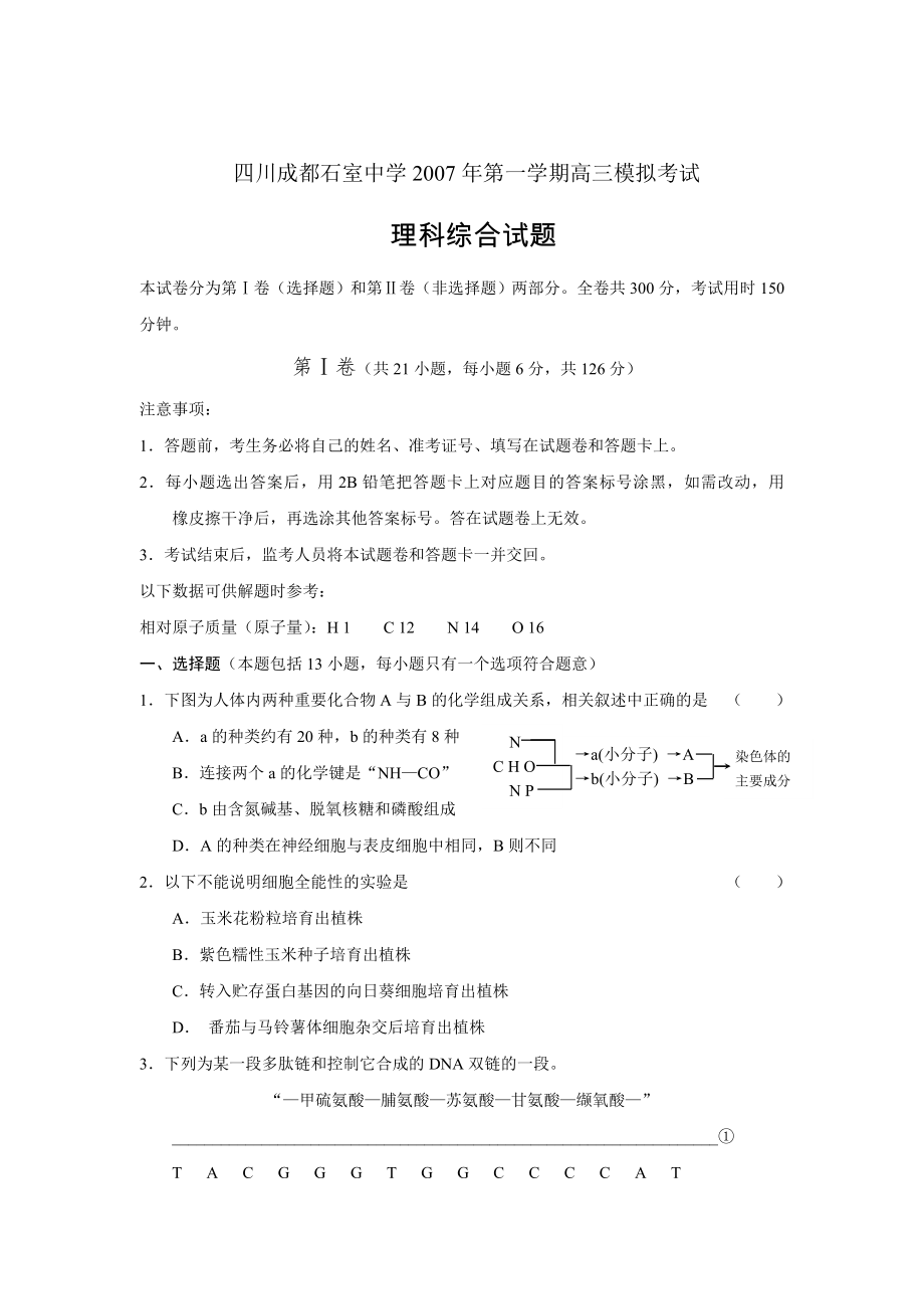 四川成都石室中學(xué)2007年第一學(xué)期高三模擬考試?yán)砜凭C合試題_第1頁