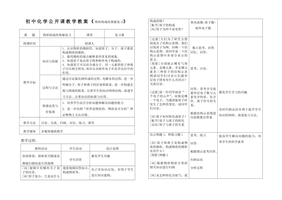 初中化學(xué)公開課教學(xué)教案《物質(zhì)構(gòu)成的奧秘復(fù)習(xí)》_第1頁