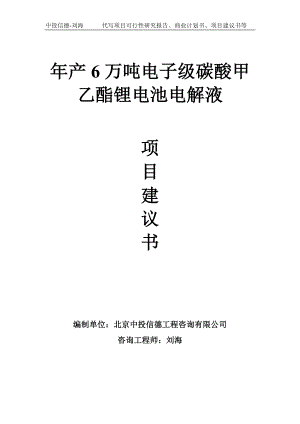 年产6万吨电子级碳酸甲乙酯锂电池电解液项目建议书-写作模板