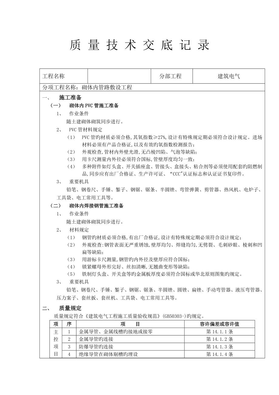 质量重点技术交底记录砌体内管路敷设关键工程_第1页