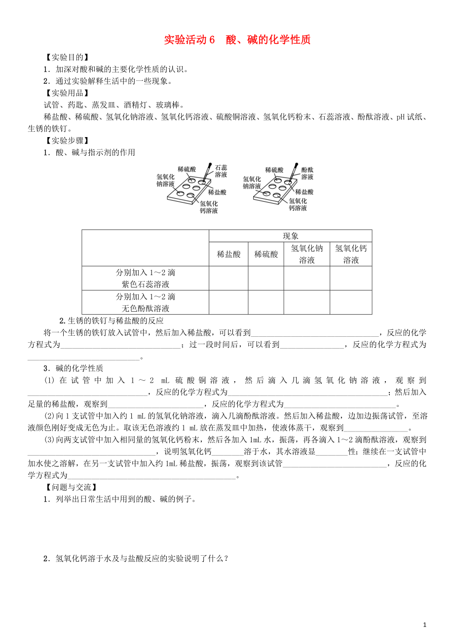 2018屆九年級(jí)化學(xué)下冊 第十單元 酸和堿 實(shí)驗(yàn)活動(dòng)6 酸、堿的化學(xué)性質(zhì)導(dǎo)學(xué)案 （新版）新人教版_第1頁