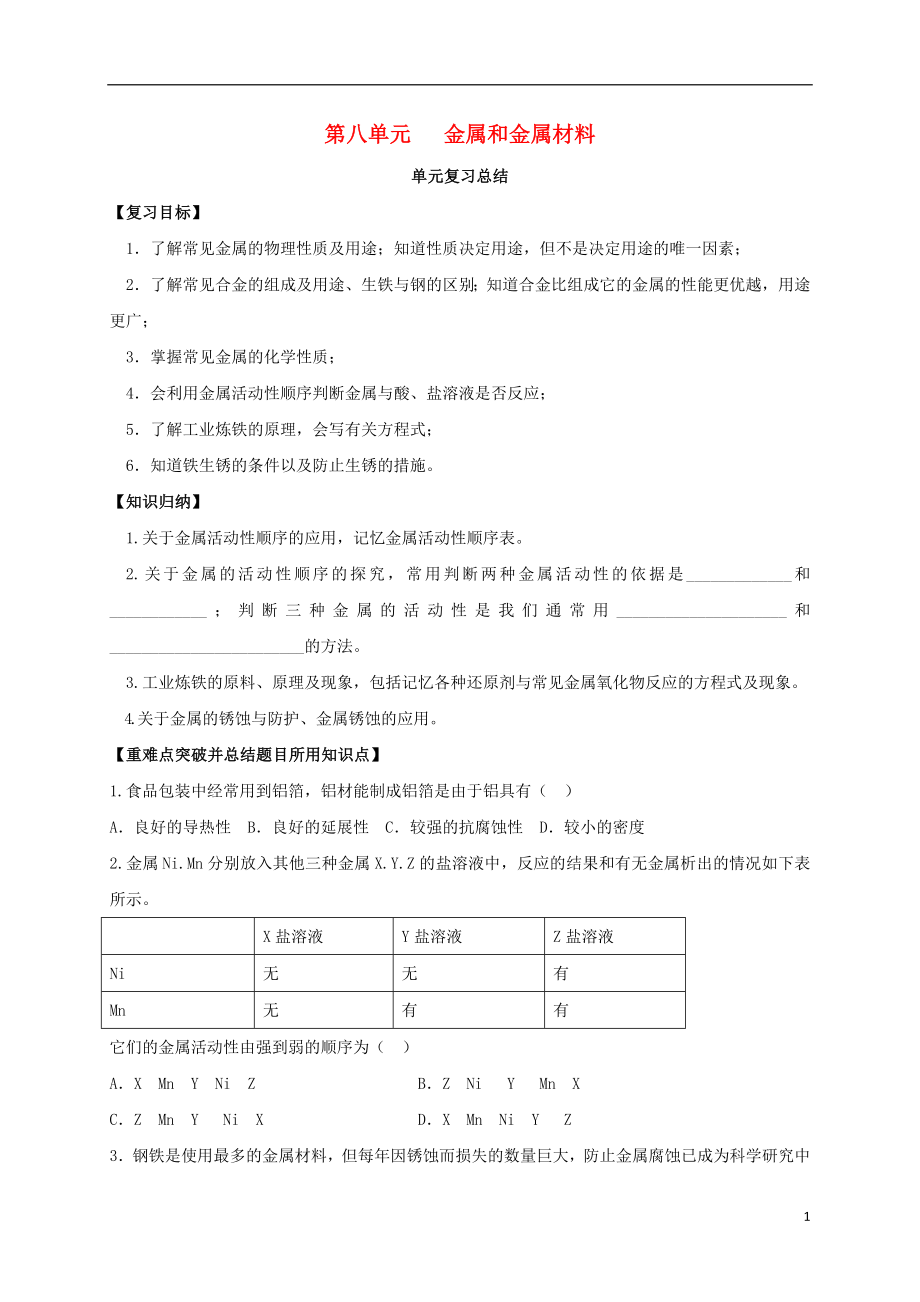 山東省濰坊市安丘市九年級化學(xué)下冊 第8單元 金屬和金屬材料復(fù)習(xí)總結(jié)導(dǎo)學(xué)案（無答案）（新版）新人教版_第1頁