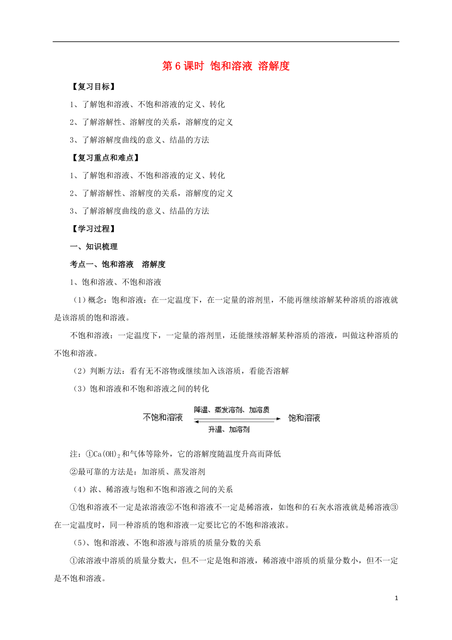 2017届中考化学一轮复习 第6课时 饱和溶液 溶解度学案_第1页