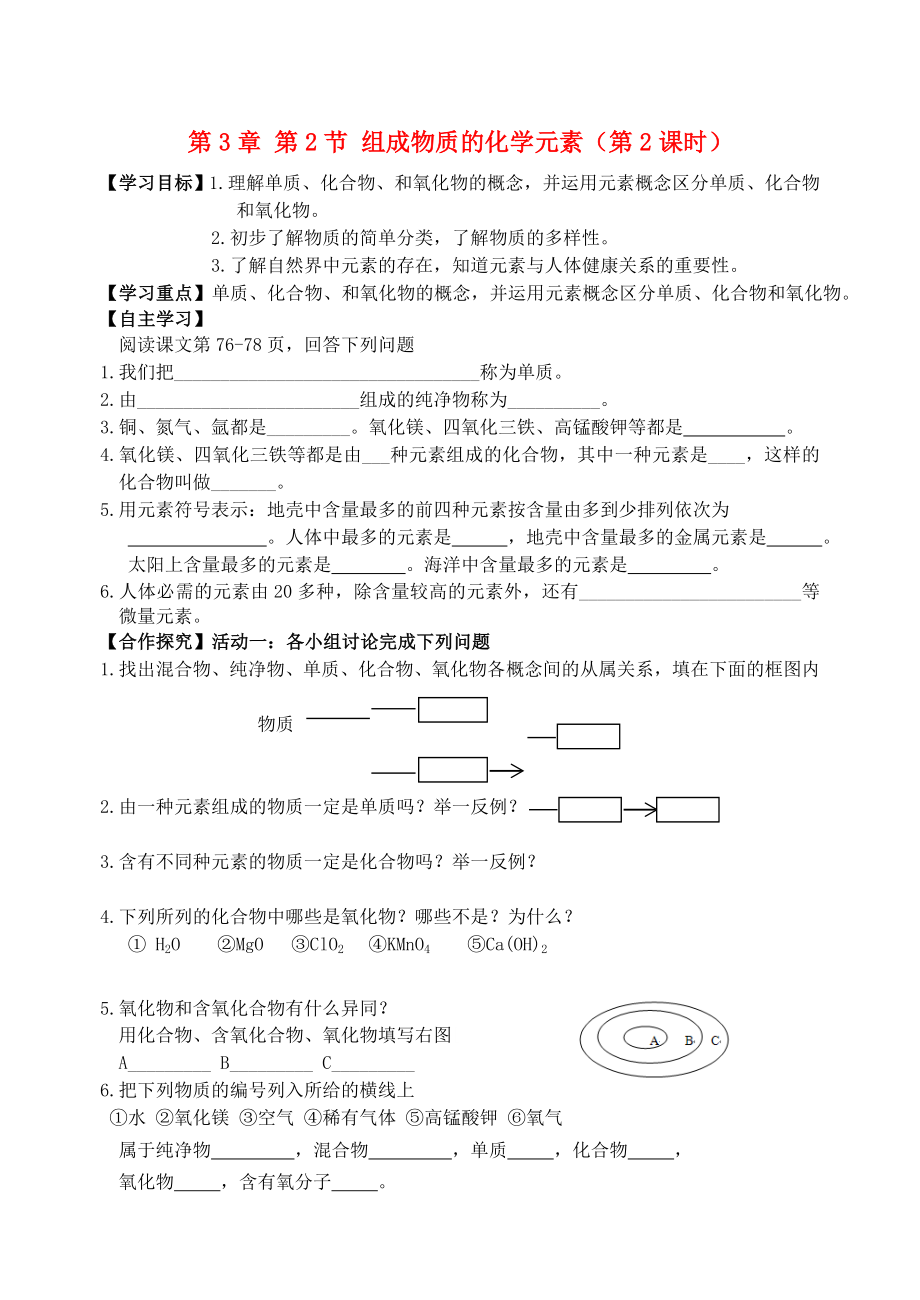 2018屆九年級(jí)化學(xué)上冊(cè) 第3章 第2節(jié) 組成物質(zhì)的化學(xué)元素（第2課時(shí)）自主學(xué)案（無(wú)答案） 滬教版_第1頁(yè)