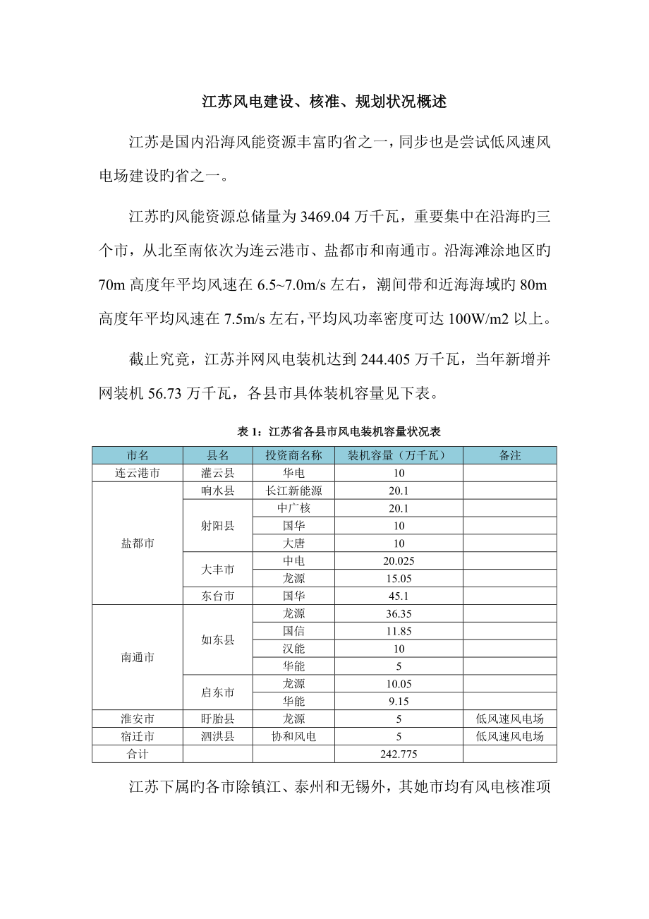 江苏风电建设核准重点规划情况概述_第1页