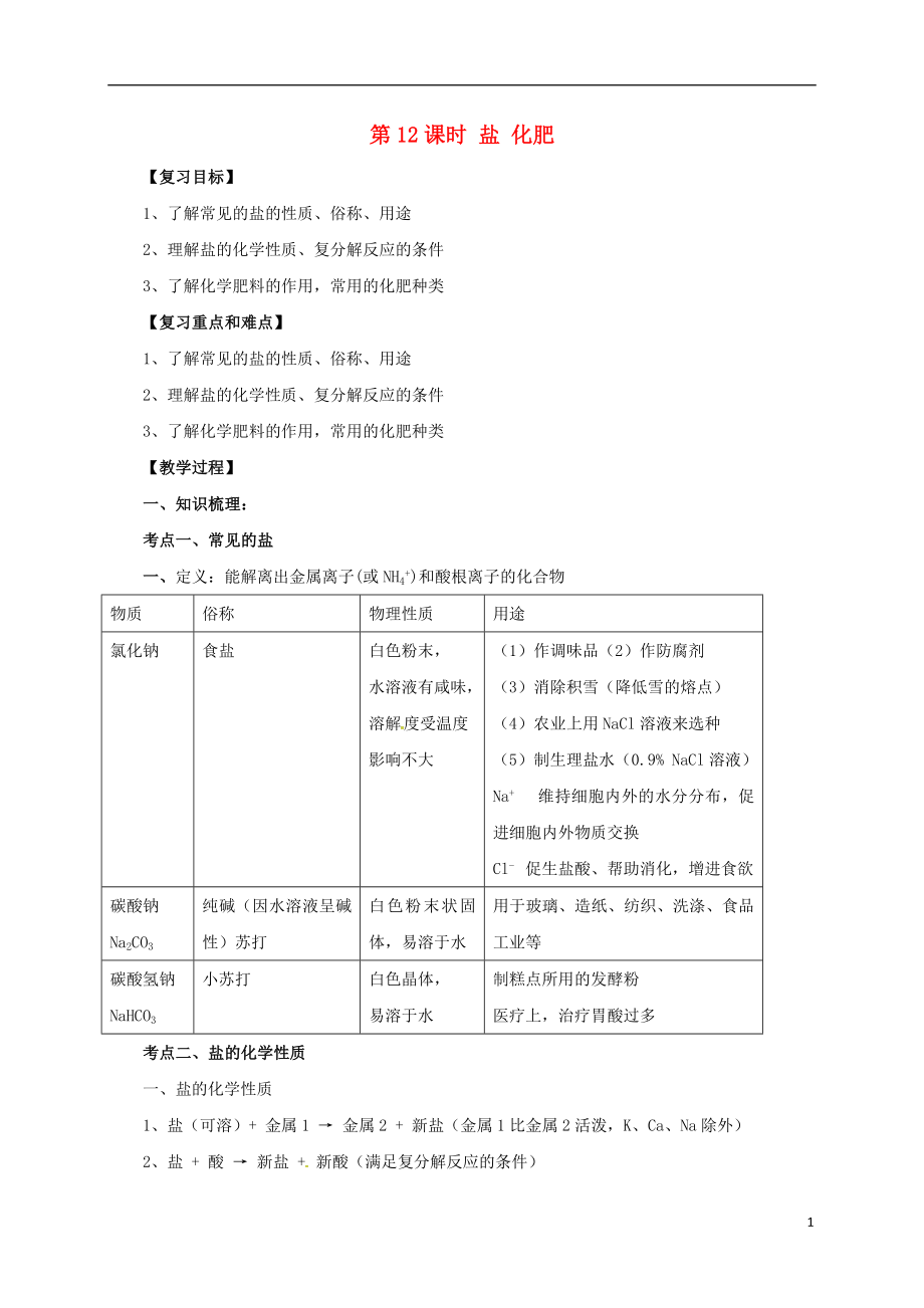 2017屆中考化學一輪復習 第12課時 鹽 化肥學案_第1頁