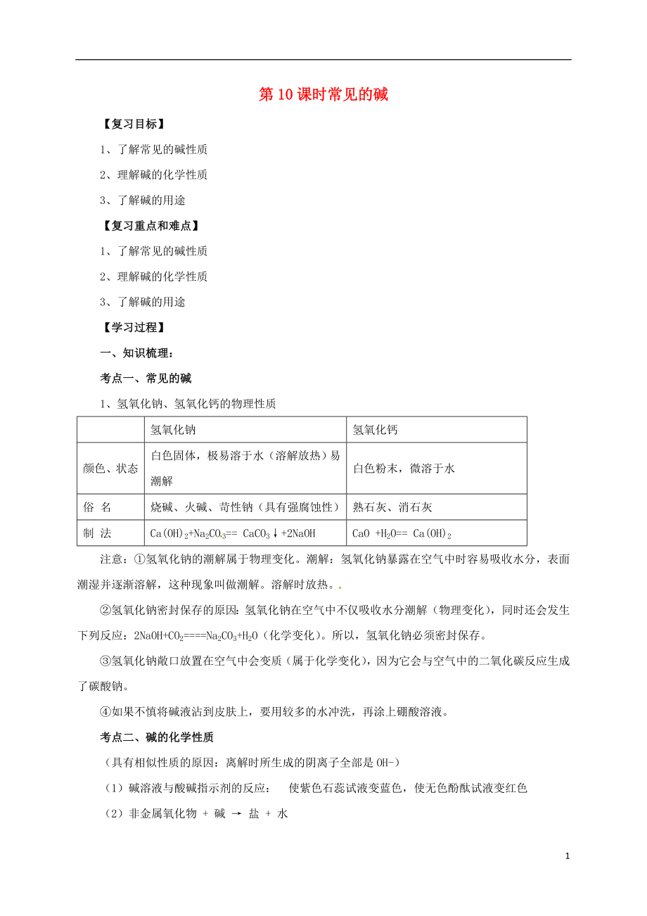 2017屆中考化學一輪復習 第10課時 常見的堿學案_第1頁