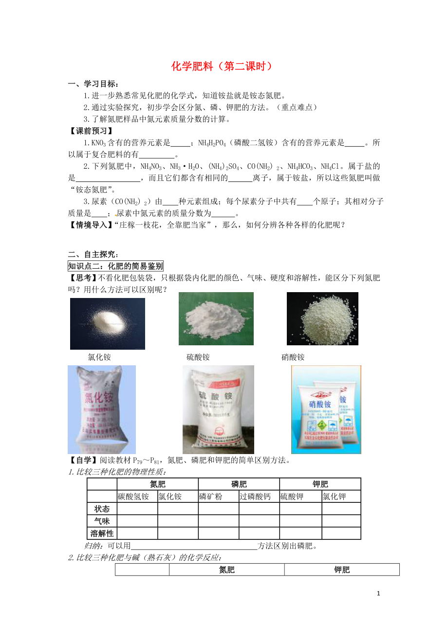 吉林省汪清縣九年級化學(xué)下冊 第十一單元 鹽 化肥 11.2 化學(xué)肥料（第2課時）導(dǎo)學(xué)案（無答案）（新版）新人教版_第1頁