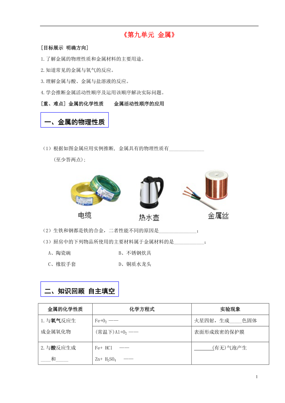 九年級(jí)化學(xué)下冊(cè)《第九單元 金屬》復(fù)習(xí)學(xué)案（無答案）（新版）魯教版_第1頁