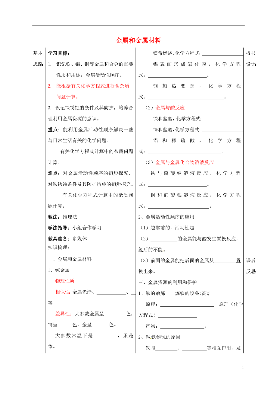 山東省德州市夏津縣九年級化學(xué)下冊 8 金屬和金屬材料學(xué)案（無答案） 新人教版_第1頁