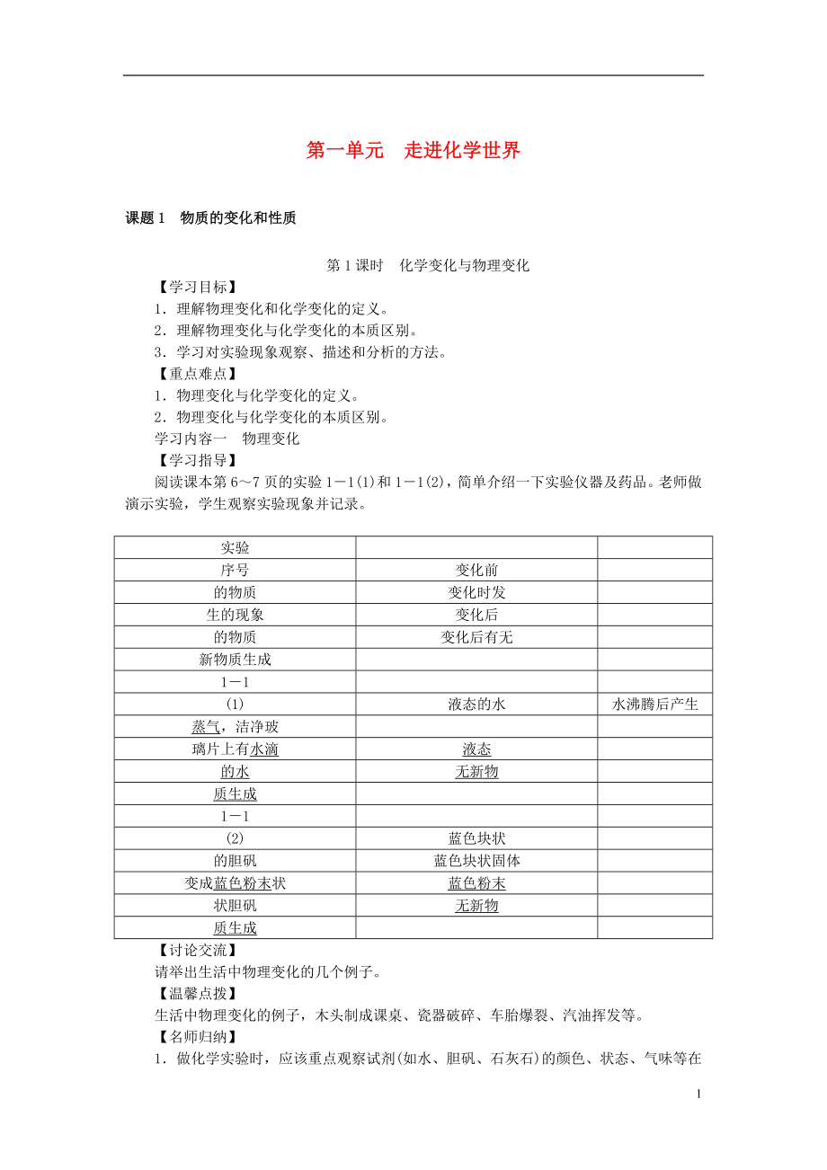 2017年秋九年級化學(xué)上冊 第一單元 走進(jìn)化學(xué)世界學(xué)案 （新版）新人教版_第1頁