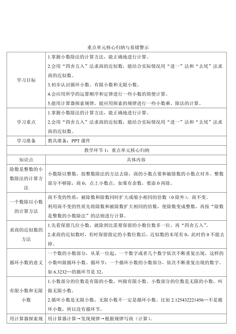 五年级上册数学教案 小数除法重点单元核心归纳与易错警示人教版_第1页