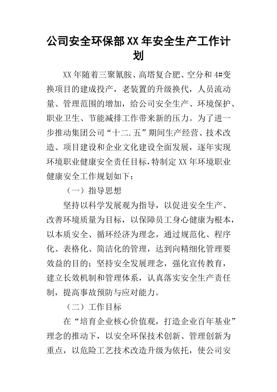 公司安全环保部某年安全生产工作计划_第1页