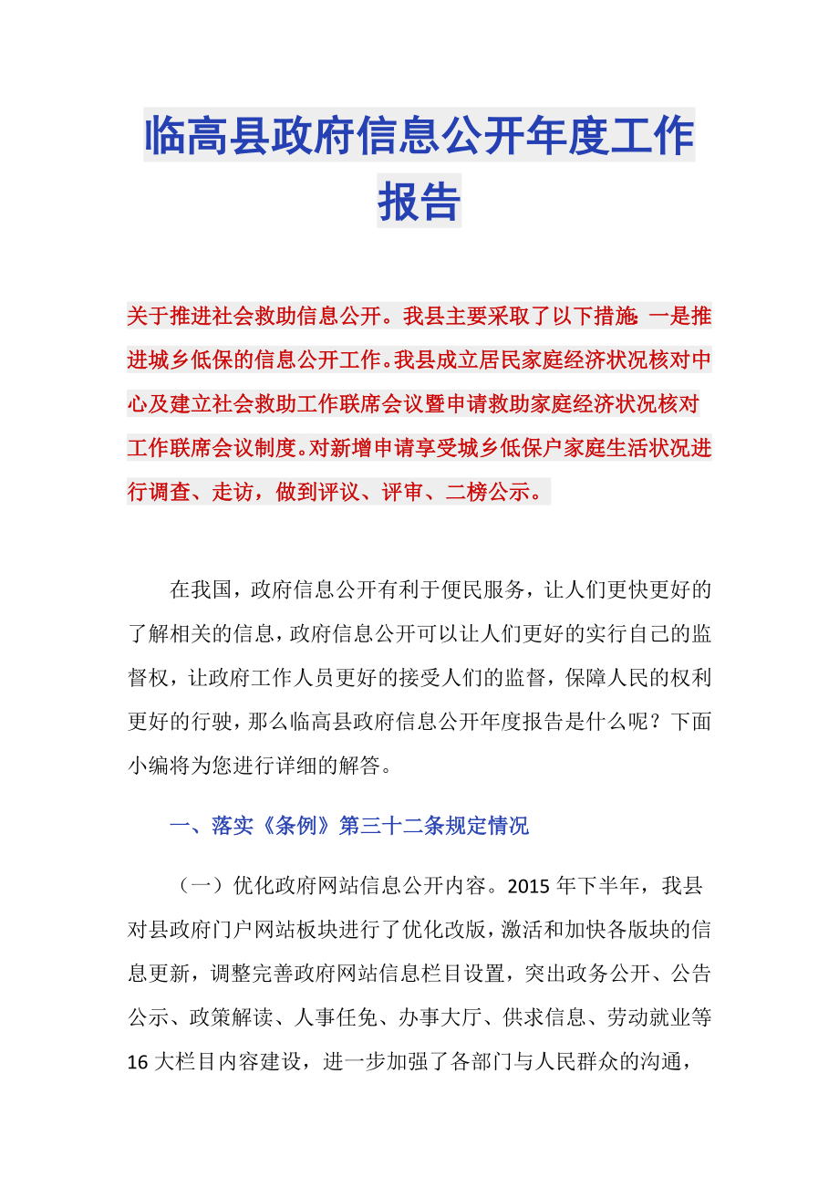 临高县政府信息公开年度工作报告_第1页
