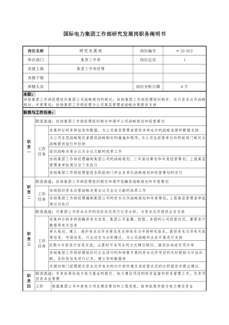 电力集团工作部专题研究发展岗职务专项说明书_第1页