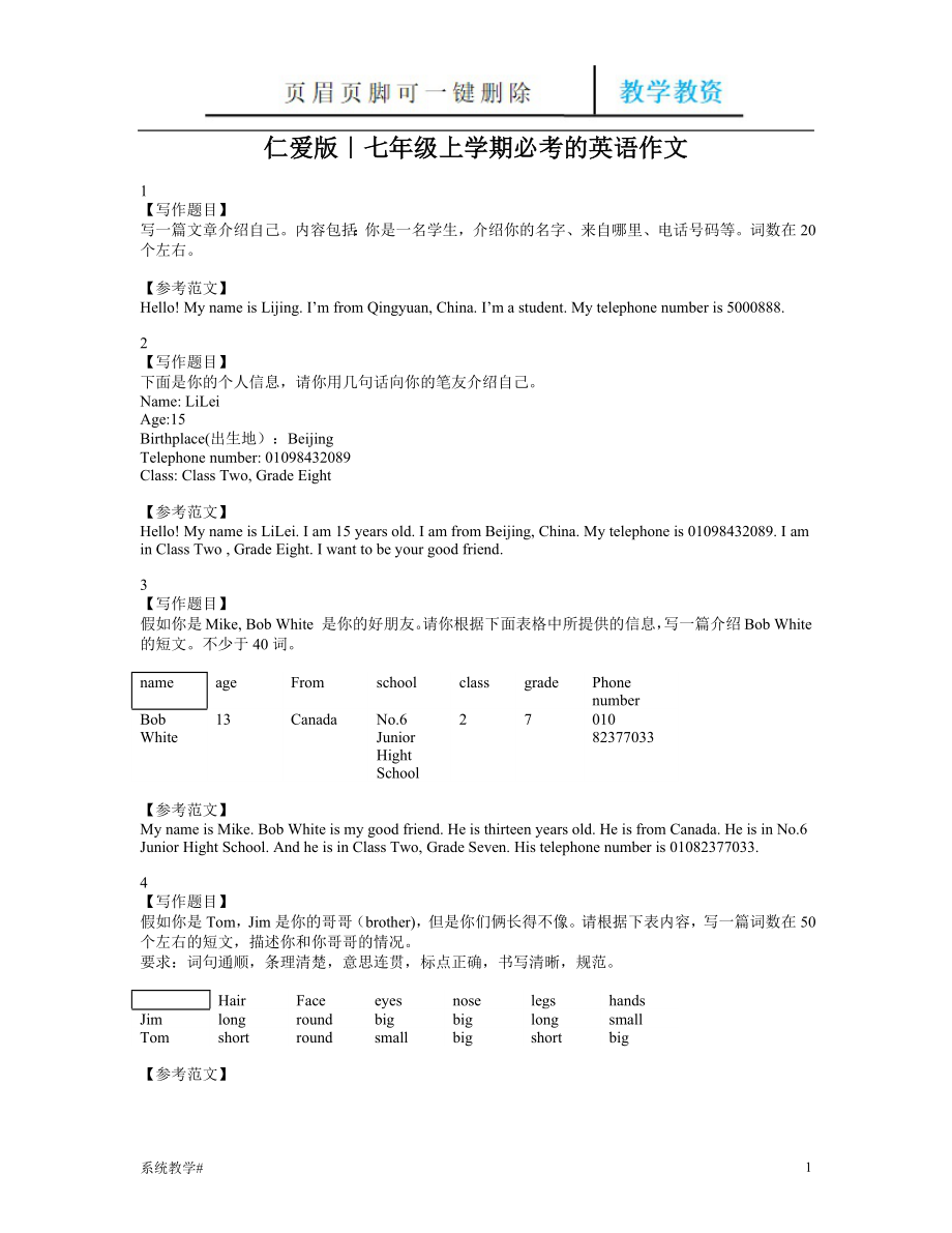 仁愛版七年級上學期必考的英語作文【完整教資】_第1頁