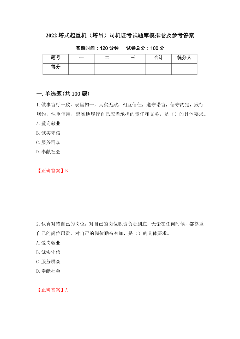 2022塔式起重机（塔吊）司机证考试题库模拟卷及参考答案(100)_第1页