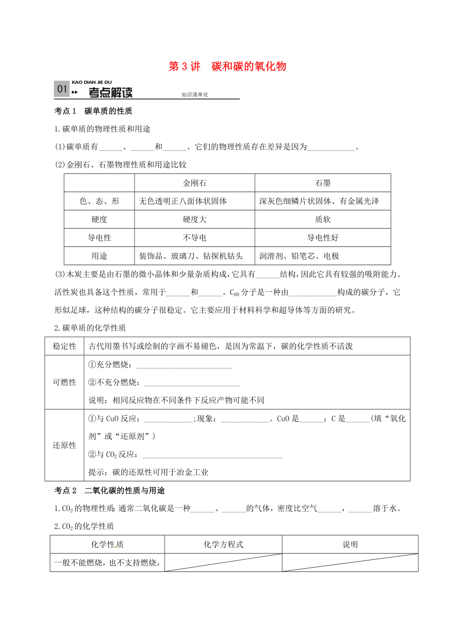 山東省廣饒縣丁莊鎮(zhèn)中心初級中學2016屆中考化學一輪復習 碳和碳的氧化物學案（無答案）_第1頁