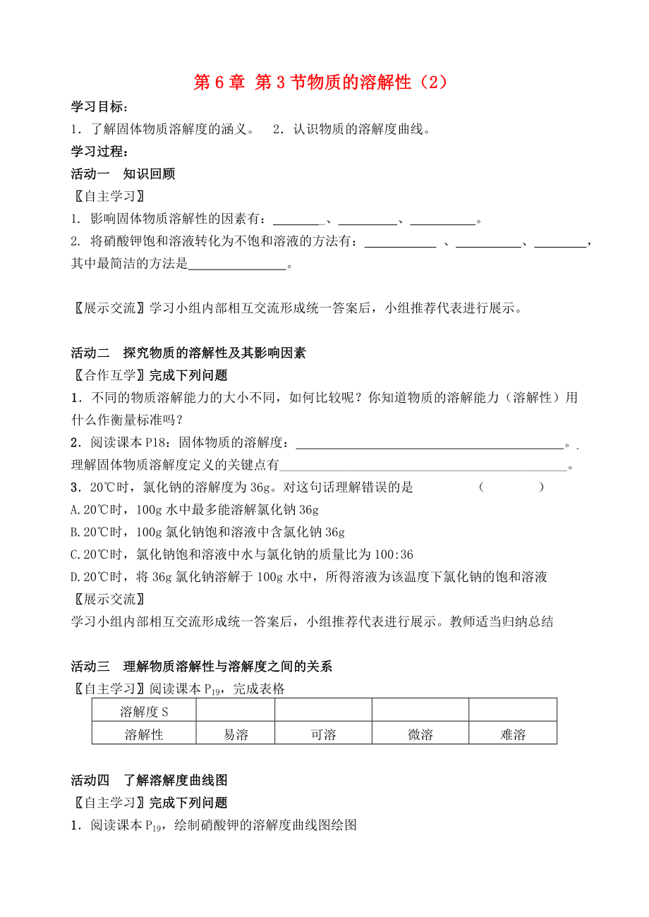 2018届九年级化学下册 第6章 第3节 物质的溶解性（第2课时）自主学案（无答案） 沪教版_第1页