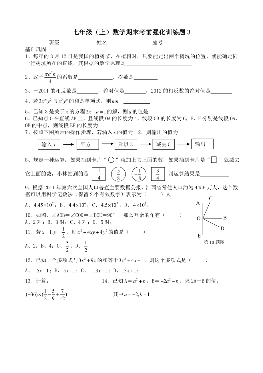 七年级(上)数学期末考前强化训练题_第1页