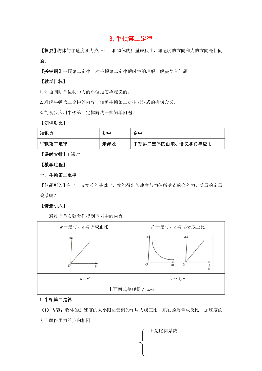 高中物理第四章牛顿运动定律4.3牛顿第二定律教案1新人教版必修_第1页