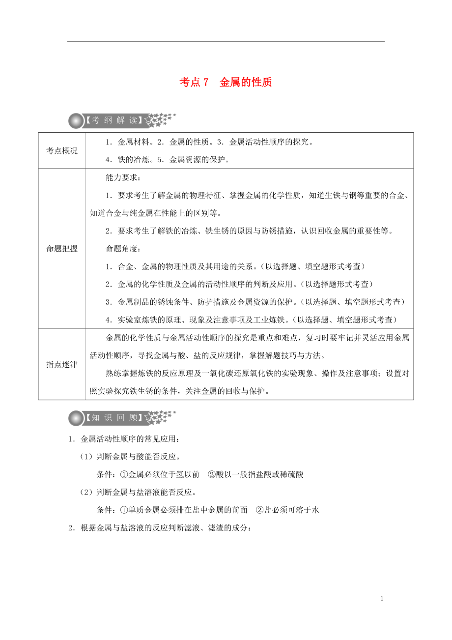 （廣東專版）2017年中考化學(xué)二輪復(fù)習(xí) 考點7 金屬的性質(zhì)學(xué)案（無答案）_第1頁