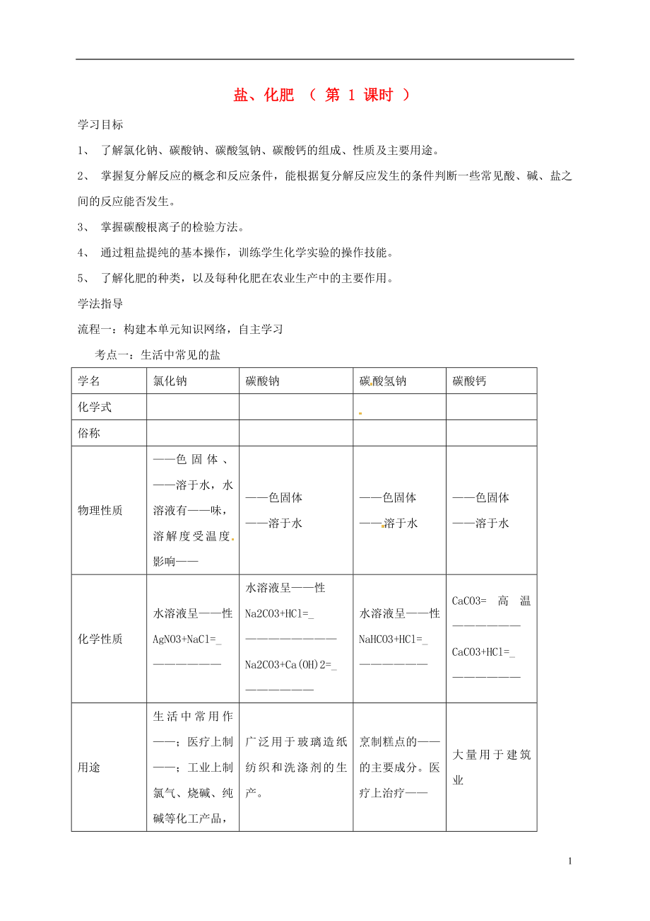 河北省保定市雄縣九年級(jí)化學(xué)下冊(cè) 第11單元 鹽、化肥（第1課時(shí)）復(fù)習(xí)導(dǎo)學(xué)案（無(wú)答案）（新版）新人教版_第1頁(yè)