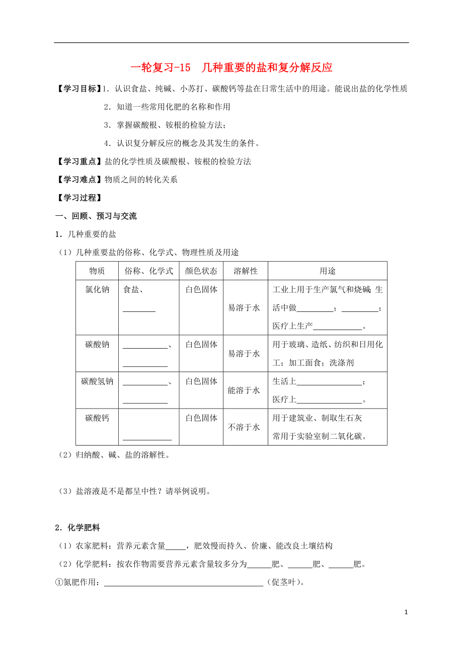 江蘇省揚(yáng)州市高郵市車(chē)邏鎮(zhèn)2017屆中考化學(xué)一輪復(fù)習(xí) 15《幾種重要的鹽和復(fù)分解反應(yīng)》學(xué)案（無(wú)答案） 滬教版_第1頁(yè)